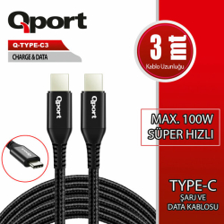 Qport Q-Type-C3&Nbsp; 3 Metre Type-C 100W S&Uuml;Per Hızlı Pd Şarj Ve Data Kablosu
