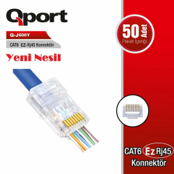 Qport Q-J600Y Cat6/Cat5 (50&#039;Lik) Ez-Rj45 Yeni Nesil Delikli Konnekt&Ouml;R