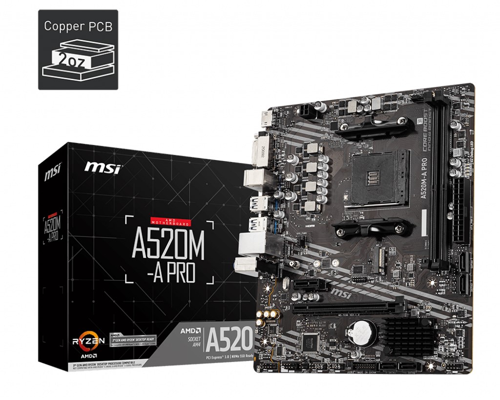 MSI A520M-A PRO AM4 DDR4 4600(OC) DVI HDMI M2 USB3.2 mATX