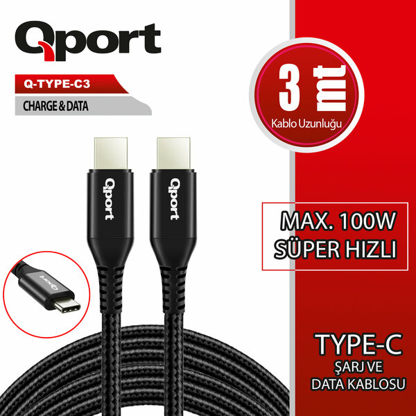 Qport Q-TYPE-C3 3 Metre Type-C 100W Süper Hızlı PD Şarj ve Data Kablosu