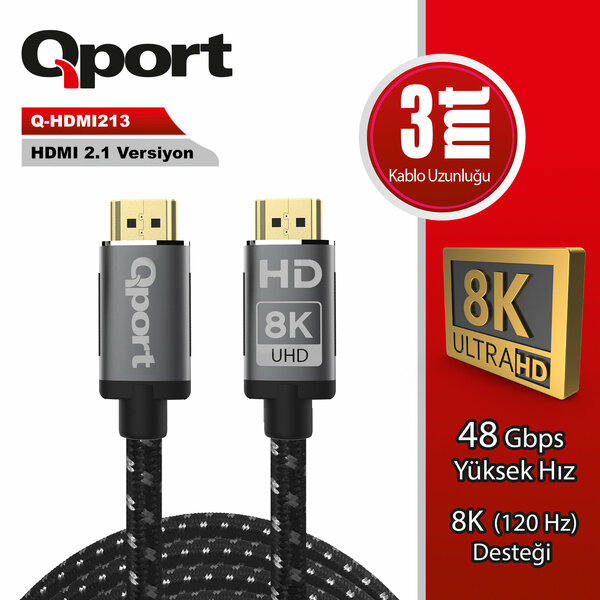 QPORT Qport 3 Metre Q-HDMI213 2.1V 8K Altın Uçlu Örgülü HDMI Kablo (Q-HDMI213) Resim-1