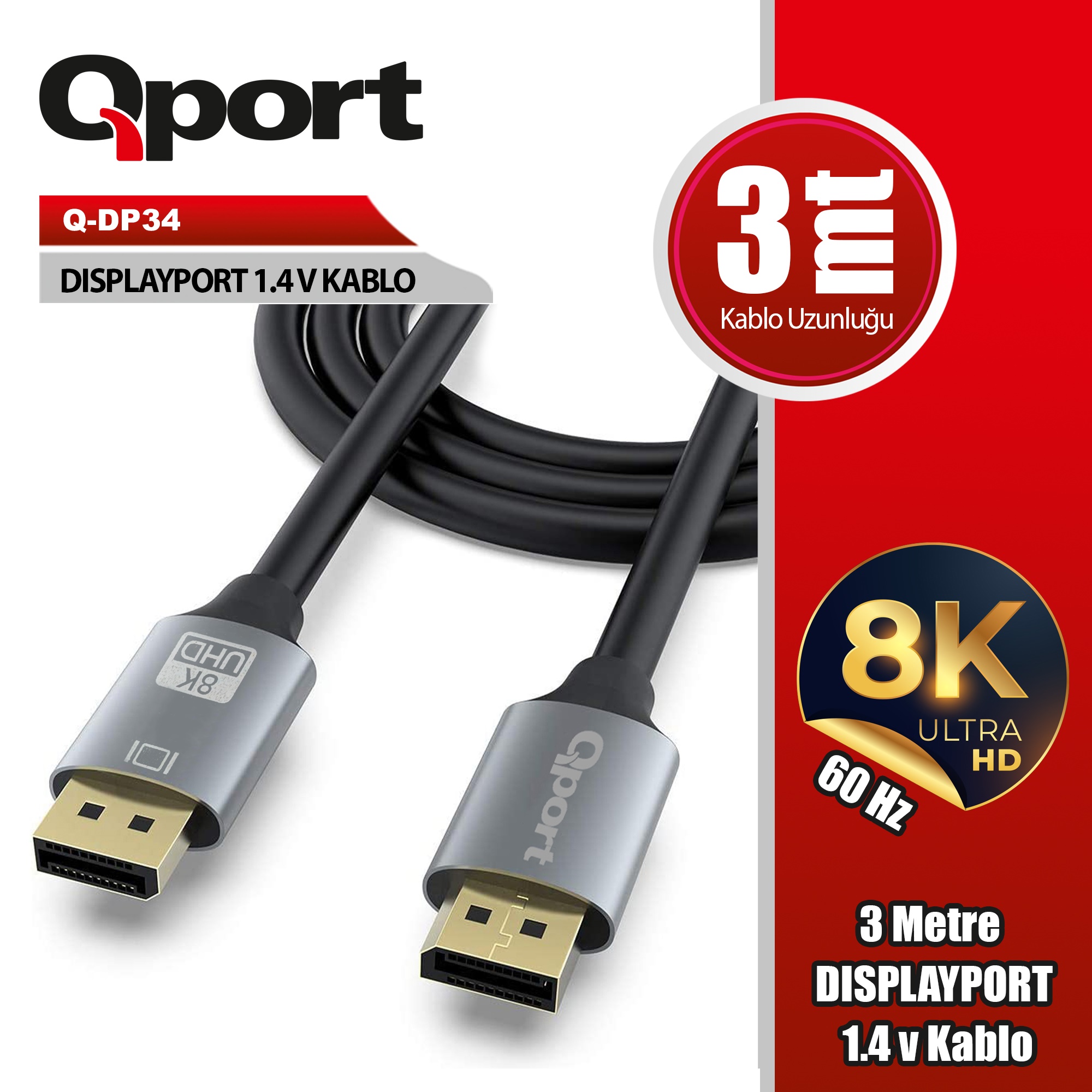Qport 3 Metre 1.4V Display Port Kablo (Q-DP34)