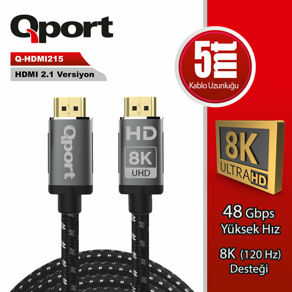 QPORT Qport 5 Metre Q-HDMI215 2.1V 8K Altın Uçlu Örgülü HDMI Kablo (Q-HDMI215) Resim-1