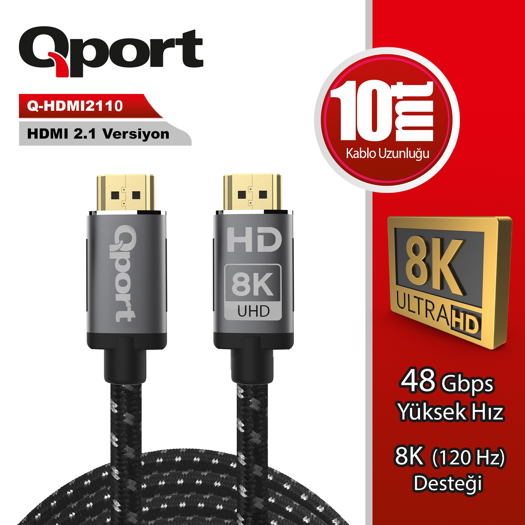 Qport 10 Metre 2.1V 8K Altın Uçlu HDMI Kablo (Q-HDMI2110)