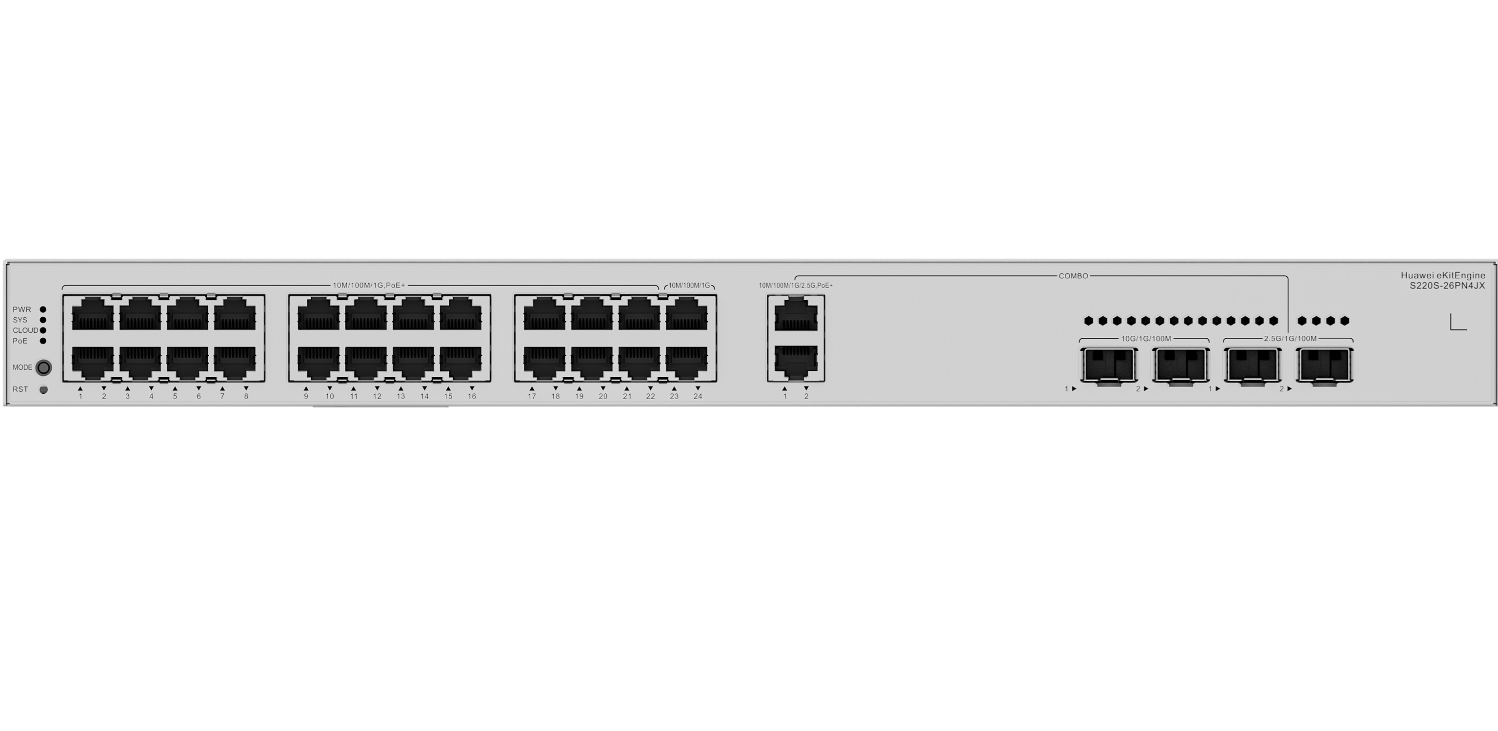 Huawei eKit S220S-26PN4JX 24*10/100/1000BASE-T 2*10GE SFP+/2*2.5GE Sfp 400W Poe 